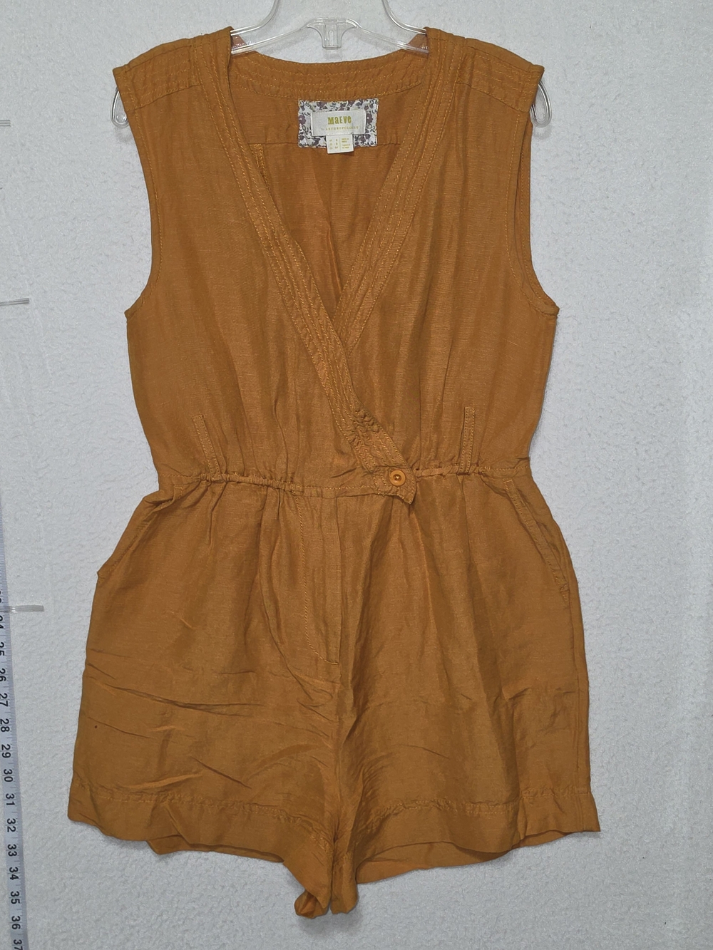 Mauve Sleeveless Button-Waist Linen-Blend Romper in Rust Orange